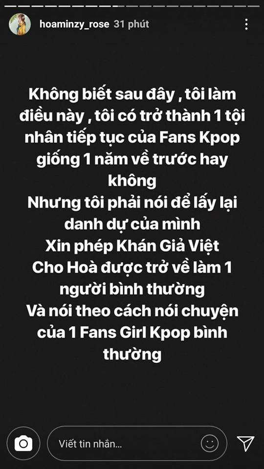 Hòa Minzy xin phép khán giả cho cô làm một người bình thường để đáp trả khi bị cho là 'kẻ dựa hơi kiếm fame' từ Kpop.
