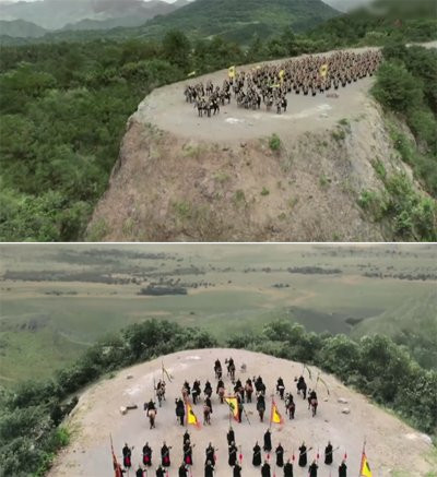 Cùng một bối cảnh tại cùng một trường đoạn, nhưng góc quay phía trên cho thấy cây cối um tùm, còn với góc quay bên dưới, hình ảnh này không còn nữa.