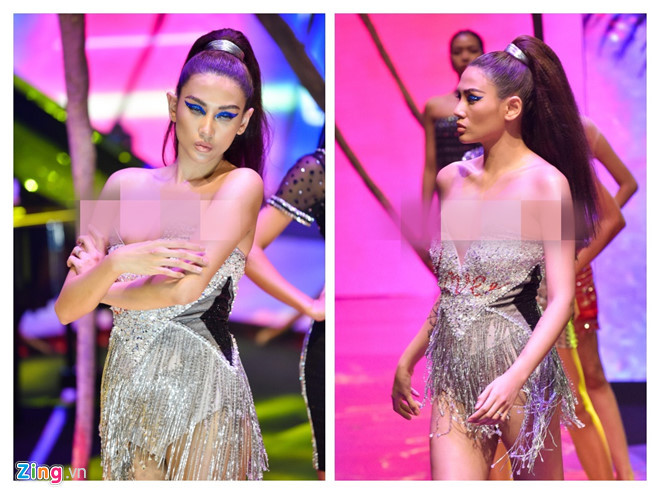 Sự cố trang phục khiến siêu mẫu lộ vòng 1 trong khi trình diễn.