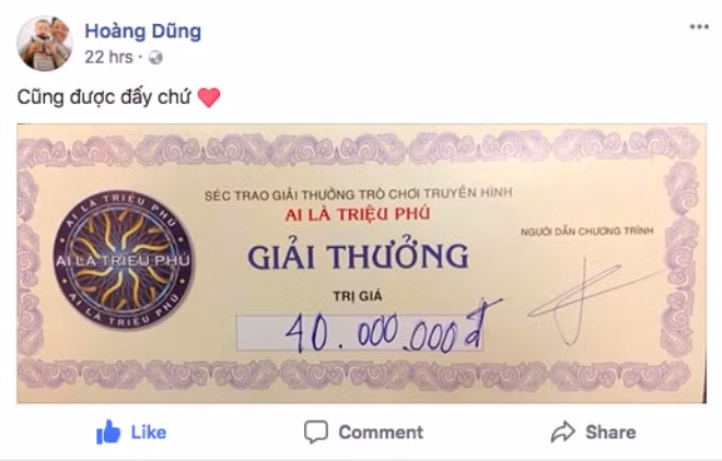 Trước khi chương trình phát sóng, NSND Hoàng Dũng đã khoe tấm séc trị giá 40 triệu đồng với bạn bè trên trang cá nhân.