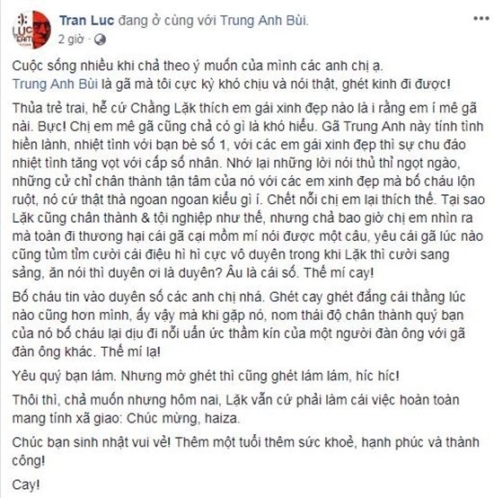 Đạo diễn Trần Lực chia sẻ về nghệ sĩ Trung Anh trên trang cá nhân.