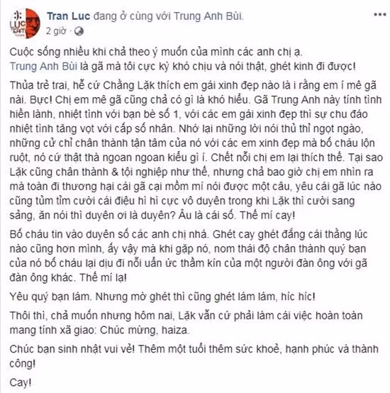 Đạo diễn Trần Lực chia sẻ về nghệ sĩ Trung Anh trên trang cá nhân.