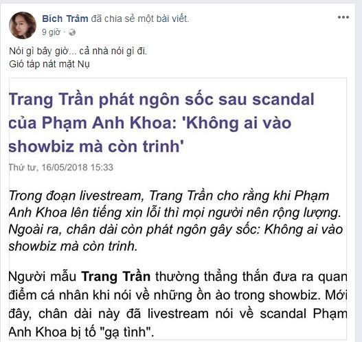 Người mẫu Bích Trâm cũng chia sẻ: "Nói gì bây giờ... Cả nói gì đi, gió táp nát mặt Nụ".