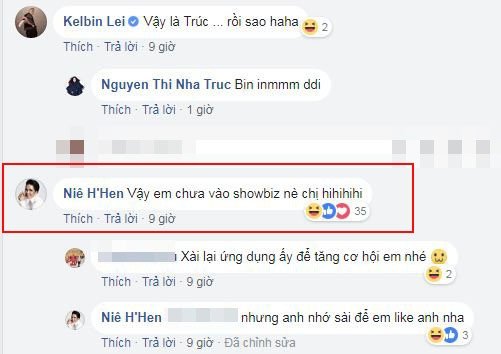 Nguyễn Loan, Hương Ly, Kelbin Lei, Xuân Lan, H'Hen Niê cũng bình luận trên trang cá nhân của Nhã Trúc. Riêng H'Hen Niê hài hước cho biết cô chưa vào showbiz.