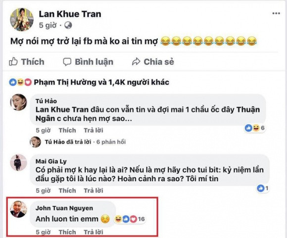 Bạn trai tin đồn công khai ủng hộ Lan Khuê.