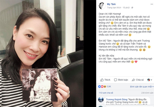 Status mới của Mỹ Tâm đồng ý tặng đĩa Tâm 9 cho danh hài Việt Hương.