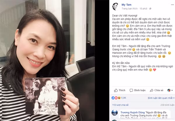 Status mới của Mỹ Tâm đồng ý tặng đĩa Tâm 9 cho danh hài Việt Hương.