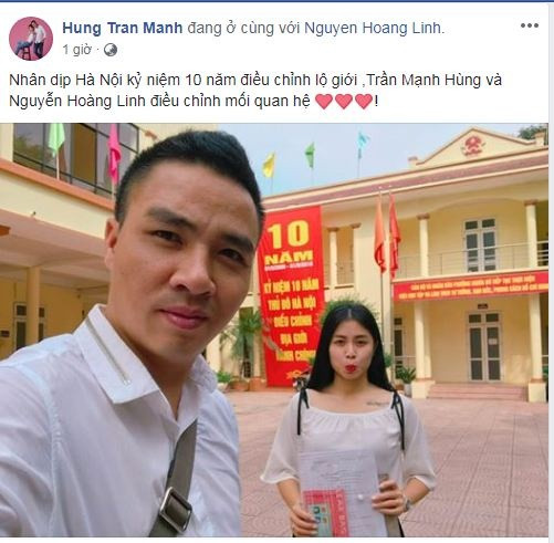 Mới đây trên trang cá nhân của mình, bạn trai BTV Nguyễn Hoàng Linh là Mạnh Hùng đã đăng tải hình ảnh chụp chung của hai người cùng lời chia sẻ: "Nhân dịp Hà Nội kỷ niệm 10 năm điều chỉnh lộ giới, Trần Mạnh Hùng và Nguyễn Hoàng Linh điều chỉnh mối quan hệ".