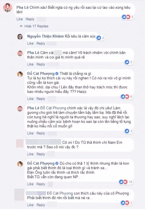 Không gay gắt trước thông tin Nam Em từng rung động Kiều Minh Tuấn nhưng Cát Phượng không hề đồng tình với Hoa khôi Đồng bằng sông Cửu Long trong vụ ồn ào tình cảm của cô với Trường Giang cũng như cách người đẹp công khai tất cả mọi chuyện trước truyền thông.