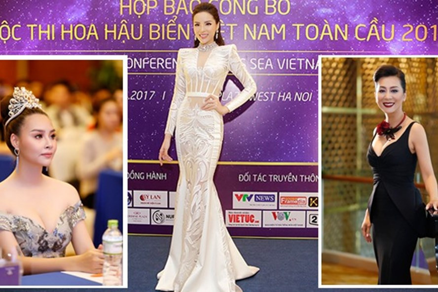 Hoa hậu Kỳ Duyên và MC Nguyễn Cao Kỳ Duyên trong buổi họp báo ra mắt cuộc thi Hoa hậu biển Việt Nam toàn cầu tại Hà Nội.