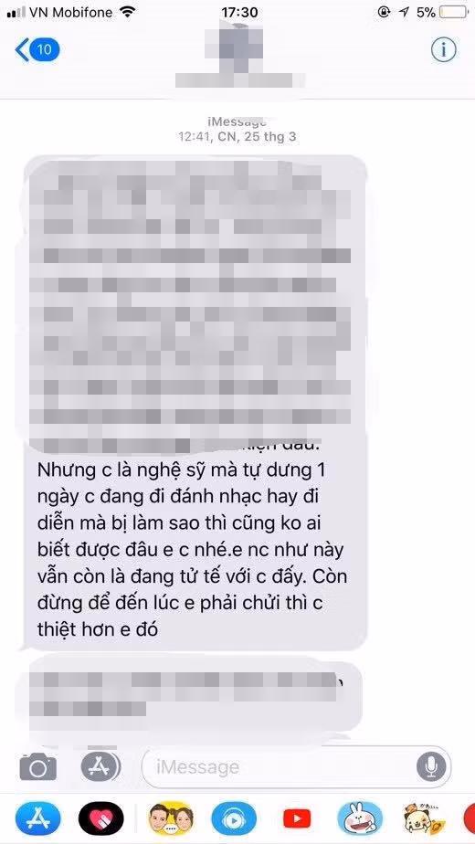 Một tin nhắn đe dọa mà Võ Hoàng Yến nhận được.