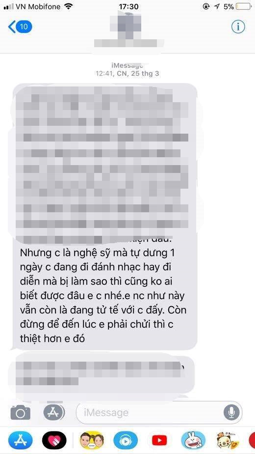 Một tin nhắn đe dọa mà Võ Hoàng Yến nhận được.