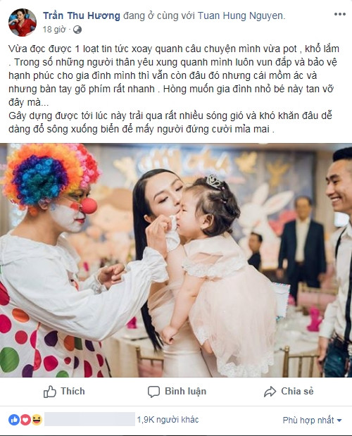 Thu Hương lên tiếng khẳng định câu chuyện cô chia sẻ không hề liên quan đến gia đình mình.