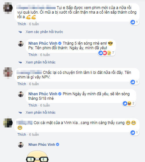 Nhan Phúc Vinh chia sẻ bộ phim "Ngày ấy, mình đã yêu" sẽ lên sóng vào tháng 5/2018.