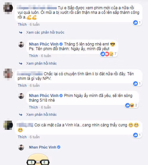 Nhan Phúc Vinh chia sẻ bộ phim "Ngày ấy, mình đã yêu" sẽ lên sóng vào tháng 5/2018.