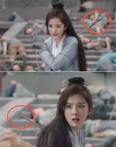 Chỉ cần thay đổi góc máy, cung tên đâm trên lưng Dương Mịch đã thay đổi hình dạng.