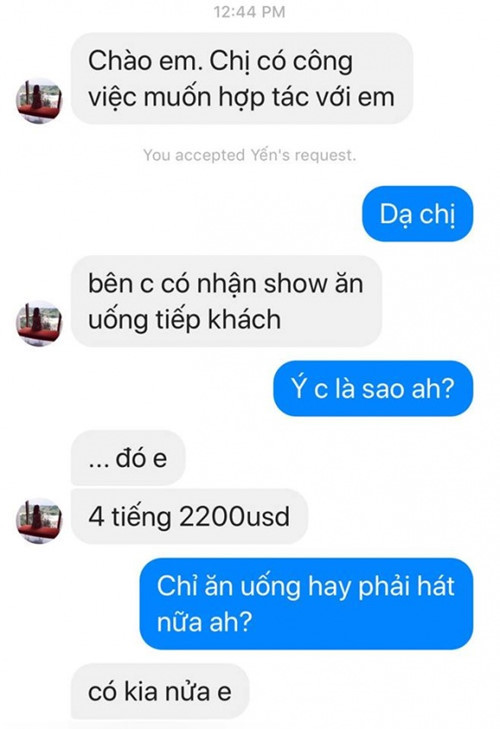 Pha Lê mới đây đã công khai loạt tin nhắn bị gạ đi tiếp khách.