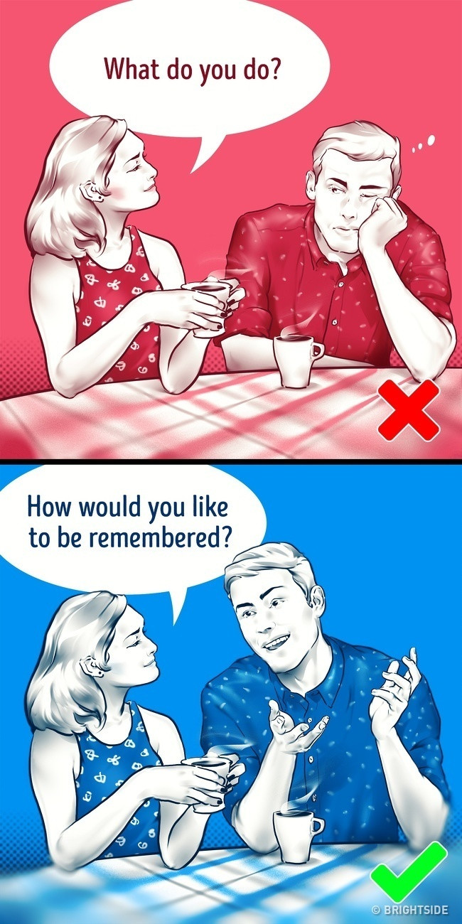 10. Bạn muốn được người thân biết đến mình như thế nào? Câu hỏi này sẽ giúp tiết lộ những ưu tiên trong cuộc sống thực của một người. Khi chúng ta nói về những gì chúng ta làm bây giờ (như “Đó là năm cuối của tôi ở trường” hoặc “Tôi làm thư ký”), nó không giải thích điều chúng ta quan tâm hay những gì chúng ta mơ ước. Aaron Anderson, nhà tâm lý học gia đình nói rằng câu hỏi này giúp bạn hiểu tâm trí đối phương hơn.