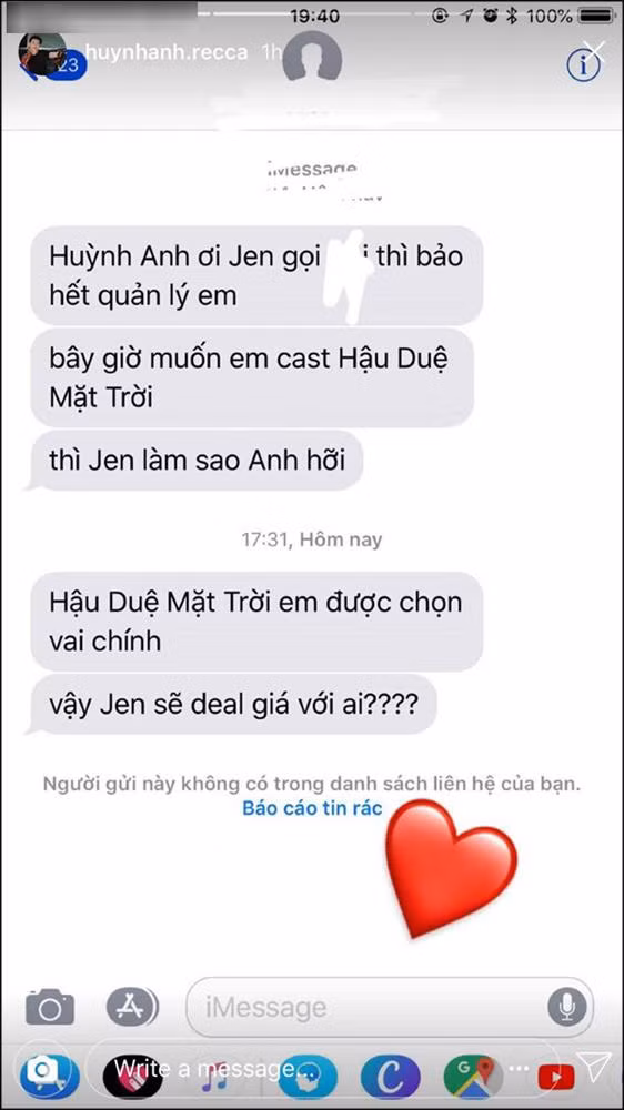 Đoạn tin nhắn được cho là của người bên phía sản xuất mời Huỳnh Anh casting.