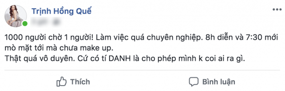 Hồng Quế đăng status tố một "người đẹp có danh hiệu" đi trễ gây ảnh hưởng đến đồng nghiệp và show diễn.