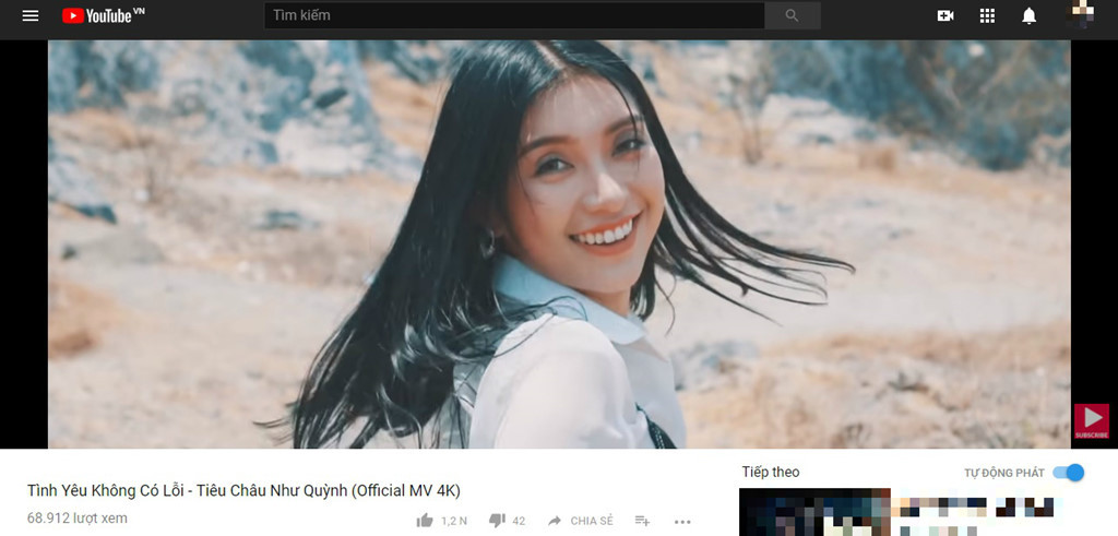 MV mới nhất Tình yêu không có lỗi của Tiêu Châu Như Quỳnh có lượng xem gần 69.000 lượt sau gần một tháng ra mắt. Ảnh: Chụp màn hình.