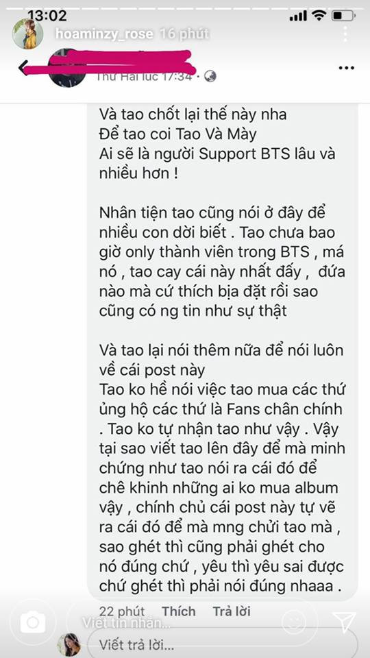 Hòa Minzy viết khá dài để đáp trả cư dân mạng.
