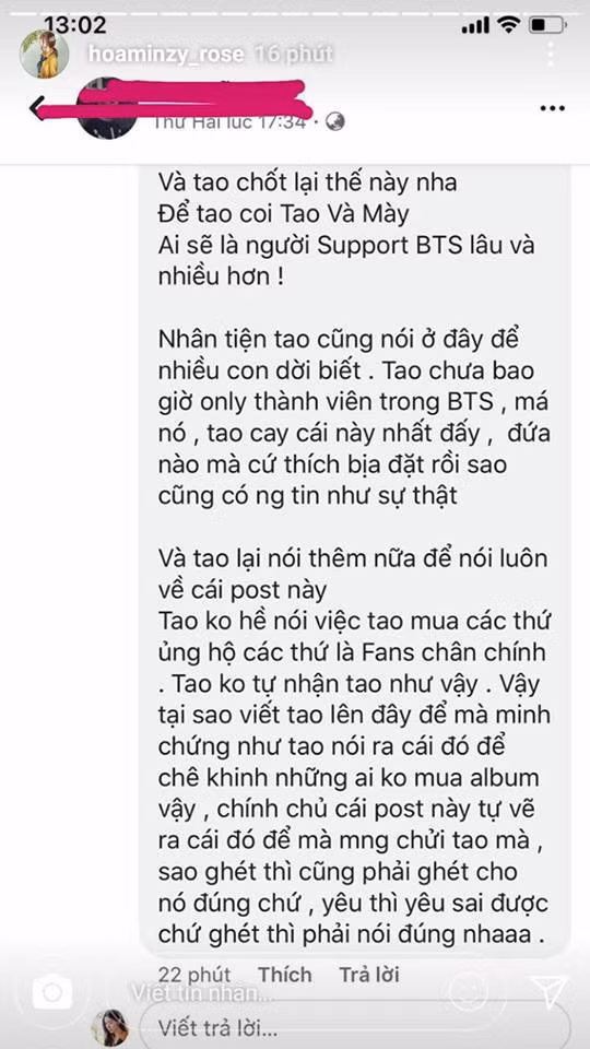Hòa Minzy viết khá dài để đáp trả cư dân mạng.