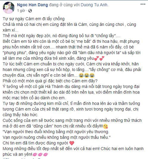 Ngọc Hân xúc động chia sẻ về Tú Anh trên trang cá nhân.