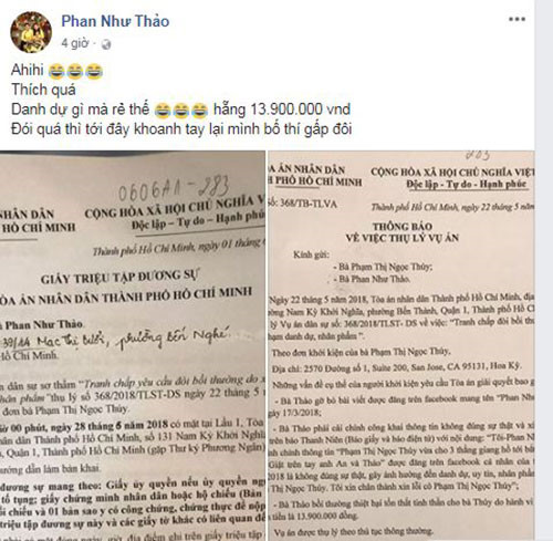 Phan Như Thảo thách thức trước thông tin khởi kiện của Ngọc Thuý. Ảnh: FB