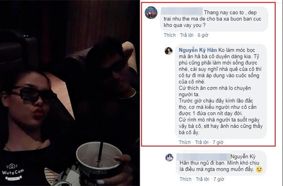 Ngay sau đó, Kỳ Hân đáp trả: "Không làm móc bọc mà ăn hả bà cô duyên dáng kia. Tỷ phú cũng phải làm mới sống được nhé, cái suy nghĩ nhà quê của cô thì cô tự đi mà áp dụng vào cuộc sống của cô nhé. Cứ thích ăn cơm nhà lo chuyện người ta. Trước giờ cháu đây kính lão đắc thọ, cơ mà kiểu người như cô cần được 1 đứa con nít dạy đời. Cứ rình mò nhà người ta suốt ngày vậy bà cô, status hay ảnh nào cũng thấy bà cô ấy".