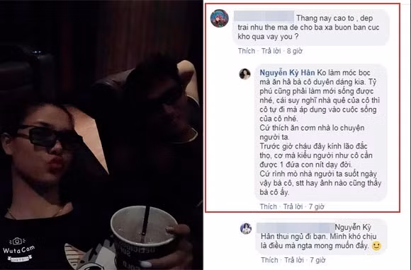 Ngay sau đó, Kỳ Hân đáp trả: "Không làm móc bọc mà ăn hả bà cô duyên dáng kia. Tỷ phú cũng phải làm mới sống được nhé, cái suy nghĩ nhà quê của cô thì cô tự đi mà áp dụng vào cuộc sống của cô nhé. Cứ thích ăn cơm nhà lo chuyện người ta. Trước giờ cháu đây kính lão đắc thọ, cơ mà kiểu người như cô cần được 1 đứa con nít dạy đời. Cứ rình mò nhà người ta suốt ngày vậy bà cô, status hay ảnh nào cũng thấy bà cô ấy".