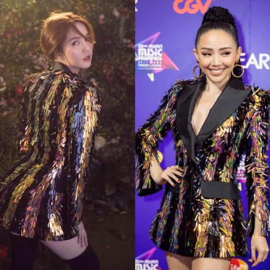 Chiếc blazer kim sa mà cả Tóc Tiên và Ngọc Trinh diện mỗi người 1 vẻ. Nếu Tóc Tiên hướng đến vẻ cá tính trẻ trung thì Ngọc Trinh có vẻ nhỉnh hơn với thần thái mong manh, gợi cảm.