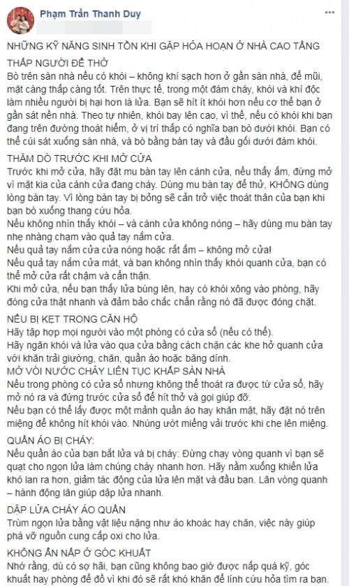 Thanh Duy liên tục chia sẻ bài viết phổ cập kiến thức phòng cháy chữa cháy, cách thoát thân khi gặp hỏa hoạn.