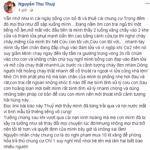 Ca sĩ Thu Thủy hồi tưởng lại câu chuyện chung cư bị cháy mà cô và con trai đã từng trải qua.