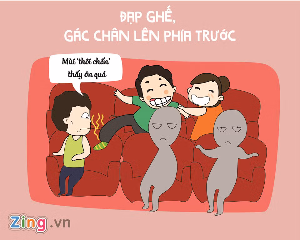Đỉnh cao của sự vô ý thức khi đi xem phim rạp chính là đạp ghế, gác chân lên ghế phía trước. Ngồi yên vị, lịch sự ở chỗ của mình vẫn thoải mái mà!