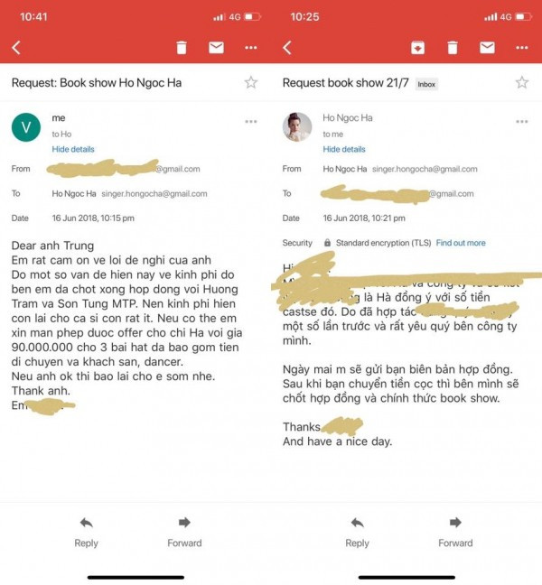 Hình ảnh được cho là chụp từ email trao đổi công việc của quản lý Hồ Ngọc Hà và đối tác. Ảnh: Internet