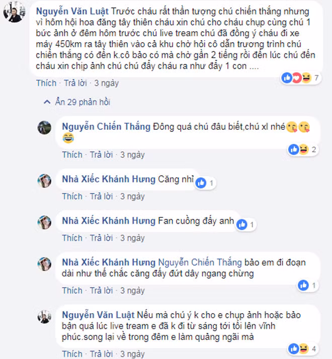 Fan nam chê trách Chiến Thắng không giữ lời hứa.