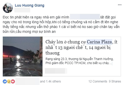 Cựu HLV The Voice Kids tỏ ra hết sức lo lắng khi tòa nhà xảy ra hỏa hoạn là nơi em gái đang ở. Dù gọi điện và hay tin người nhà an toàn, Lưu Hương Giang chia sẻ cô vẫn cảm thấy chân tay bủn rủn. “Cầu mong mọi sự bình an” - cô viết.