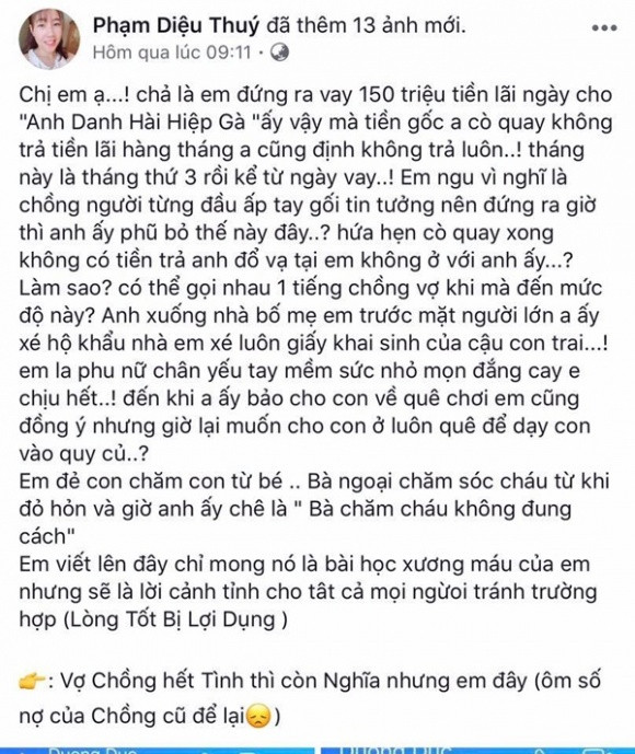 Vo ba to Hiep Ga vay 150 trieu khong tra, xe giay khai sinh cua con