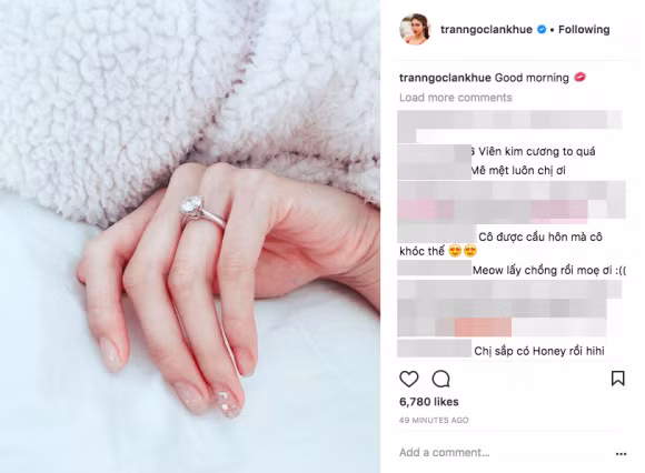 Siêu mẫu Lan Khuê hạnh phúc khoe chiếc nhẫn đính hôn kim cương cỡ "khủng" nhận được từ ông xã tương lai giàu có.