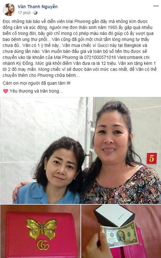 MC Thanh Vân Hugo muốn bán đấu giá chiếc ví hàng hiệu của mình để hỗ trợ cho Mai Phương. Bên cạnh đó, cô cũng tặng kèm một tờ 2 đô may mắn cho nữ diễn viên.