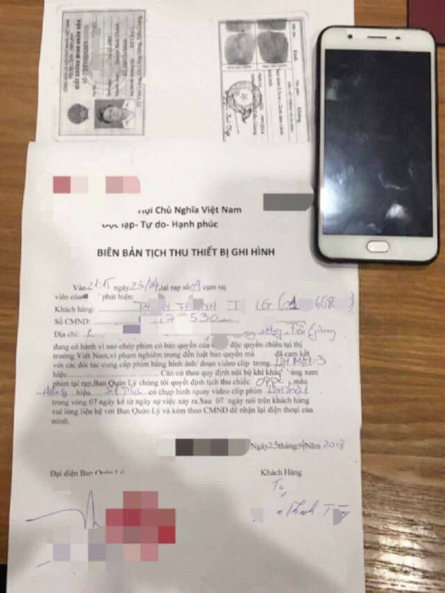 Biên bản xử lý người quay lén phim của Lý Hải ngay tại rạp. Ảnh: Một Thế Giới