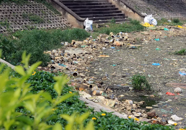 Một góc hồ Đền Lừ bị ô nhiễm, rác thải trôi dạt hết vào phía bờ hồ nằm xen lẫn cùng cây cỏ dại.