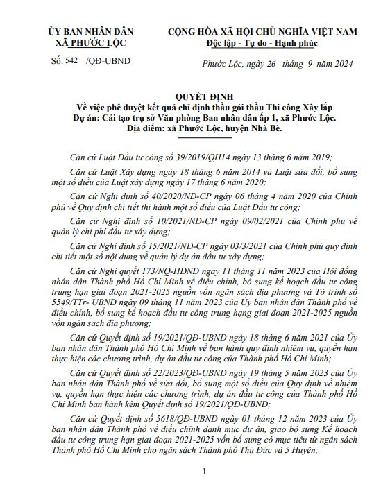 TP HCM: Cty Cơ giới Thanh Bình được UBND xã Phước Lộc chỉ định 5 gói thầu TP HCM: Cty Co gioi Thanh Binh duoc UBND xa Phuoc Loc chi dinh 5 goi thau