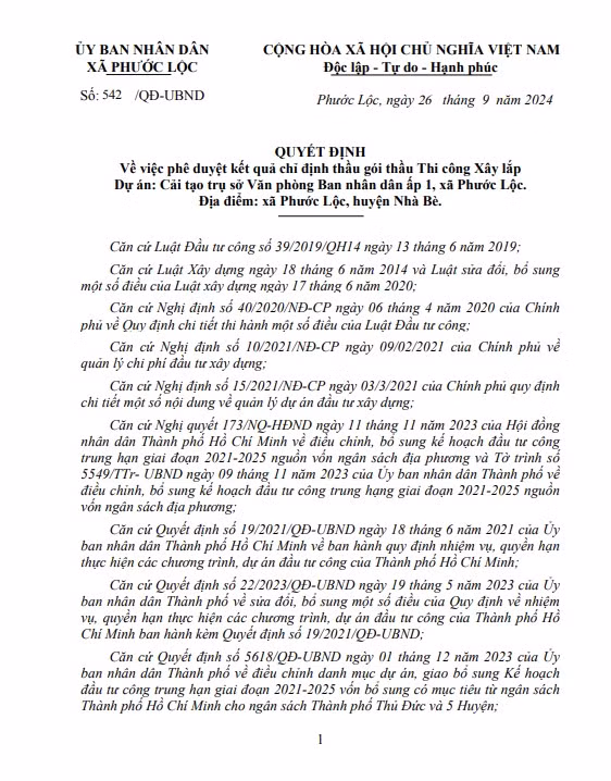 TP HCM: Cty Cơ giới Thanh Bình được UBND xã Phước Lộc chỉ định 5 gói thầu TP HCM: Cty Co gioi Thanh Binh duoc UBND xa Phuoc Loc chi dinh 5 goi thau