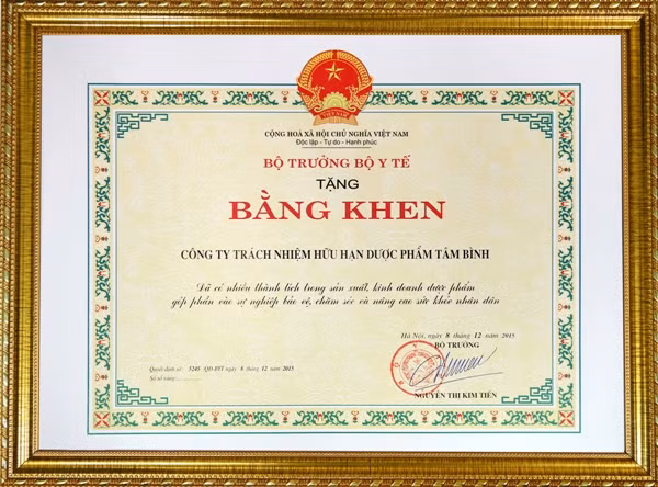 Bằng khen của Bộ trưởng Bộ Y tế trao tặng Công ty Dược phẩm Tâm Bình.