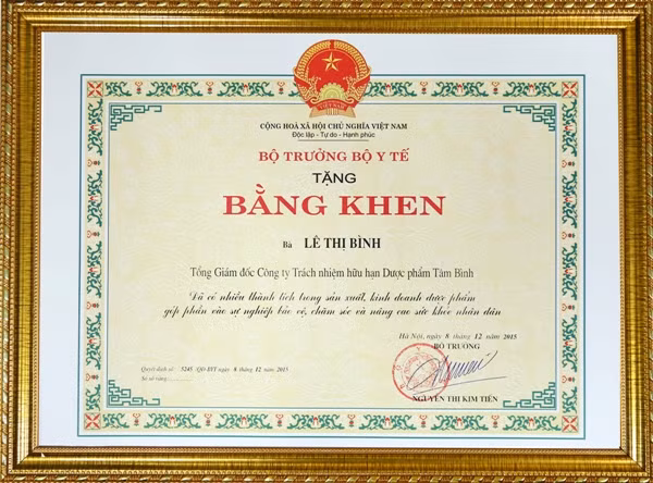 Bằng khen của Bộ trưởng Bộ Y tế trao tặng TGĐ Lê Thị Bình.