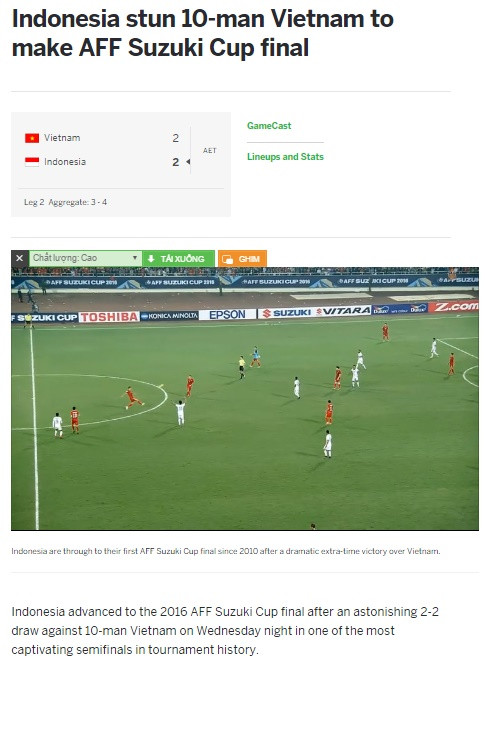 Blog ESPN cũng có bài phân tích khá kỹ các tình huống trong trận đấu mà ĐT Việt Nam phải chơi với 10 người trong phần lớn thời gian hiệp 2 và hiệp phụ. ESPN nhận định việc mất đi thủ môn Nguyên Mạnh ở đầu hiệp hai (phút 54) như một "cú sốc" với toàn đội tuyển Việt Nam bởi đó là thời điểm rất quan trọng, khi Việt Nam đang gia tăng sức ép lên khung thành đối phương. Sau cùng ESPN sử dụng từ "lạ kỳ" để mô tả chung về trận đấu mà ĐT Việt Nam là phía tấn công lấn lướt đối thủ, liên tục có những cơ hội nguy hiểm ngay từ đầu trận nhưng sau cùng vẫn phải nhận thất bại chung cuộc.