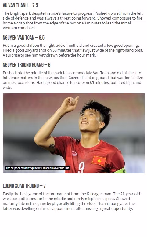 Đầu tiên là trang bóng đá Four Four Two, họ có bài viết chấm điểm riêng cho các cầu thủ Việt Nam trong trận đấu gặp Indonesia vừa qua. Qua đó, Xuân Trường, Văn Thanh, Vũ Minh Tuấn là 3 cầu thủ Việt Nam được chấm điểm cao nhất nhờ vào màn trình diễn, phong độ ấn tượng của họ trên sân. Four Four Two cũng nhận định, phong độ cao của những cầu thủ trụ cột này cùng với sự đồng lòng của các đồng đội đã giúp ĐT Việt Nam thi đấu quật cường, dù bị dẫn trước, mất thủ môn nhưng vẫn có thể ghi liền 2 bàn thắng và khiến "chảo lửa" Mỹ Đình như nổ tung.