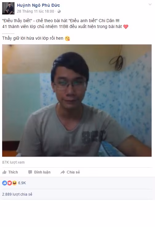 Thầy giáo 9X Huỳnh Ngô Phú Đức đang làm chủ nhiệm lớp 11B8 trường THPT Lê Minh Xuân, TP HCM. Bài hát "Điều thầy biết" vừa qua được thực hiện từ lời hứa của thầy Đức với chính các học trò thân yêu của mình. Thầy Đức vốn có sở thích ca hát, làm các clip nhạc chế vui nhộn và thể theo nguyện vọng của các bạn lớp 11B8, thầy Đức đã giữ đúng lời hứa "chế bài hát có đầy đủ tên các em". Chỉ sau 2 ngày đăng tải, bài hát của thầy Đức đã có được gần 7 nghìn lượt thích cùng gần 3 nghìn lượt chia sẻ của các học sinh, bạn bè và cư dân mạng.
